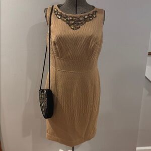 Elegant Beige Sleeveless Jones New York Dress with Embellished Neckline Size 14